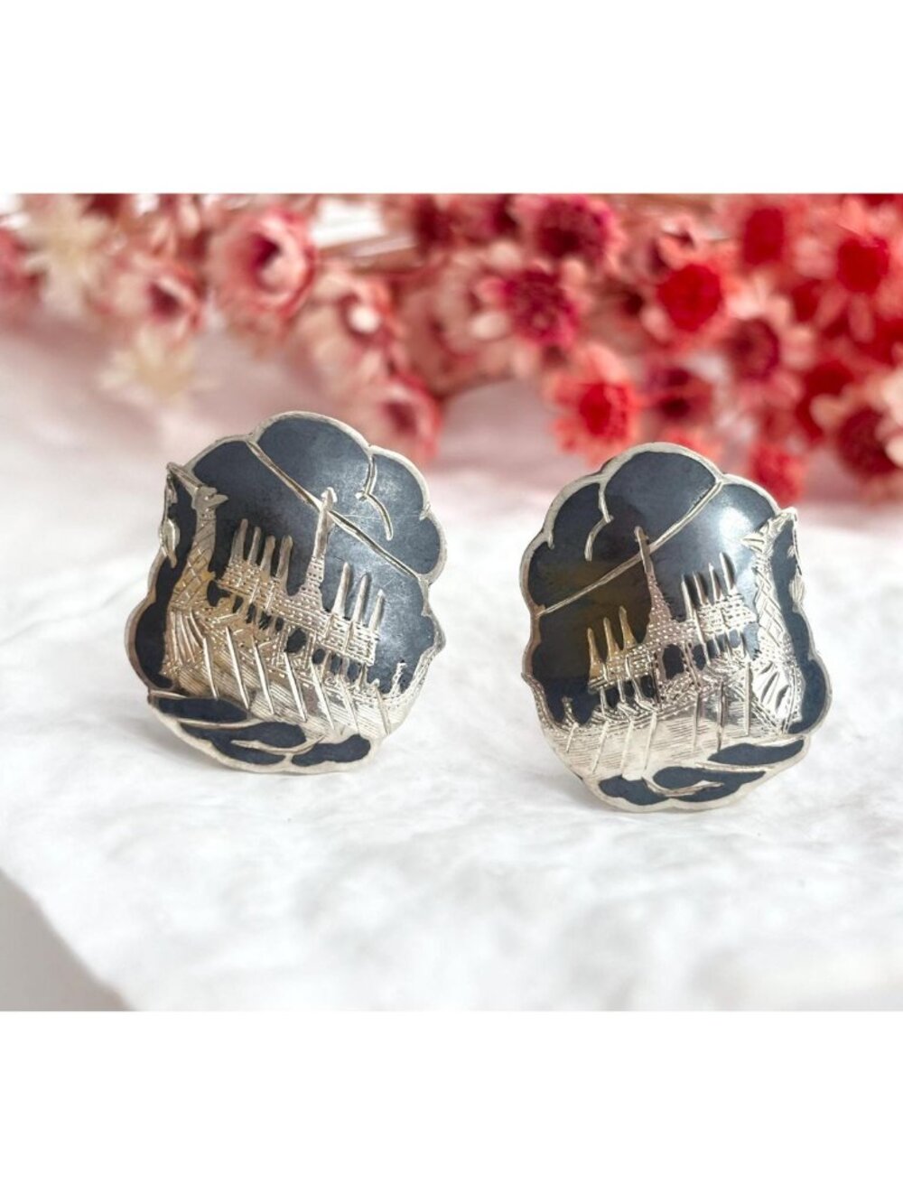 Siam Sterling Clip On Royal Barges Nielloware Vintage Thai Made 925 Earrings
